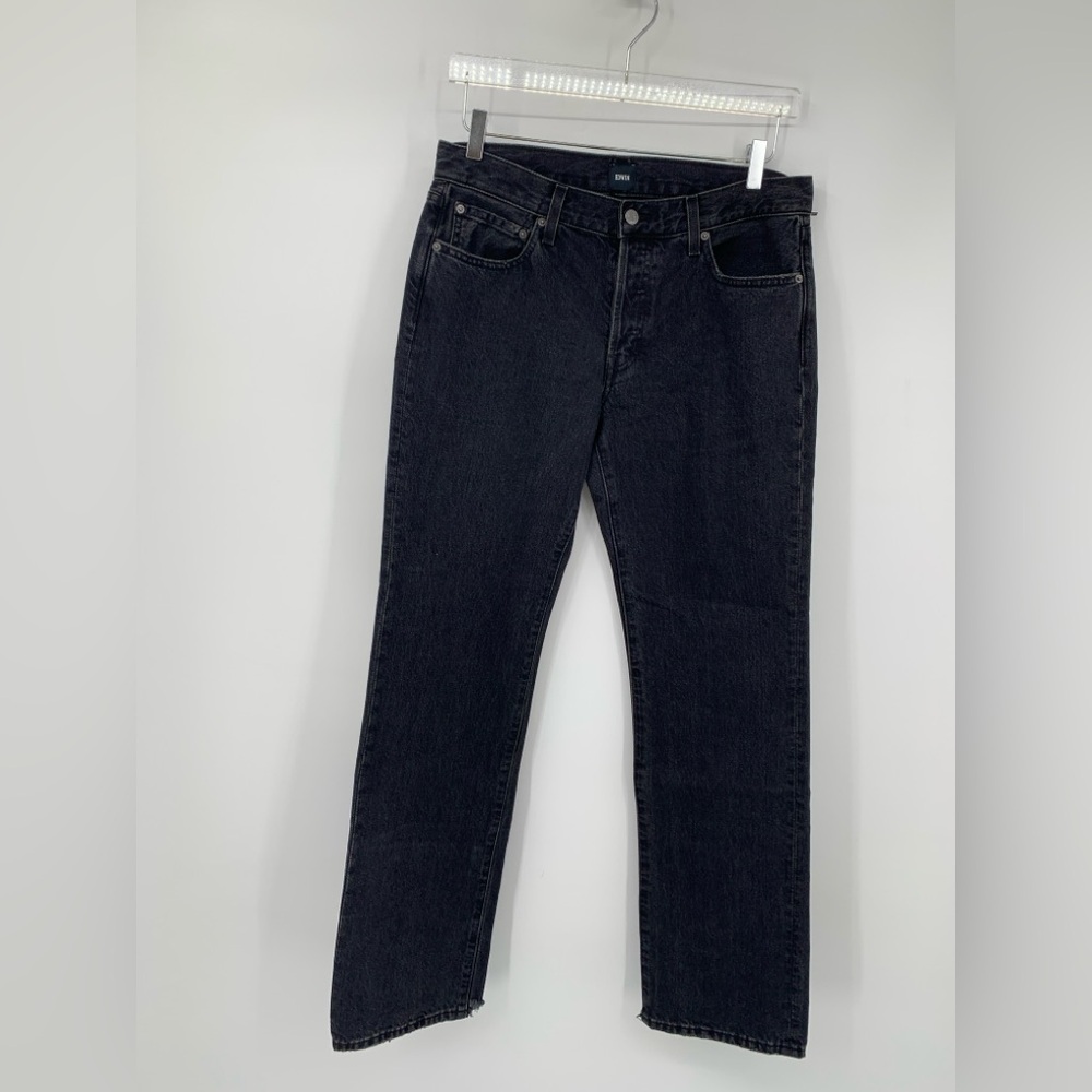 Edwin Simone straight leg jeans black Maire button fly distressed hem new 26 30